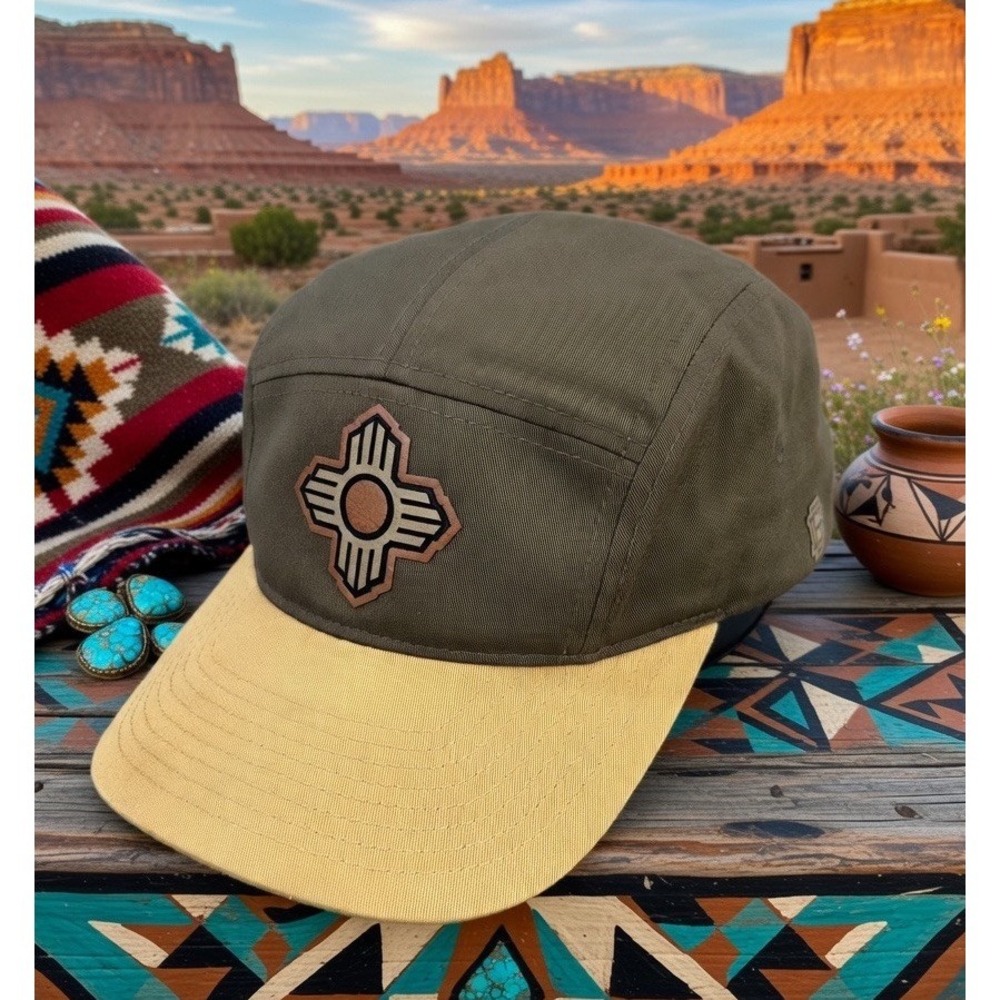 New Mexico Zia Sun Symbol Richardson Outdoor 5 Panel Camp Cap Hat Olive Tan
